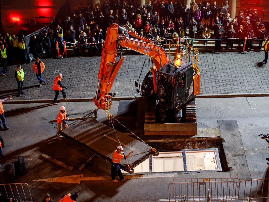 Mike Parr art installation for Dark Mofo: He his buried under Macquarie St Hobart. Picture: DARK MOFO