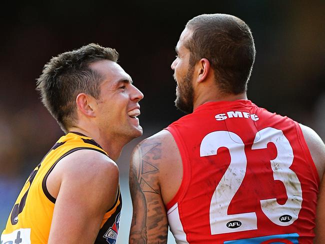 Luke Hodge gets in Lance Franklin’s face during the game. Picture: Tim Carrafa