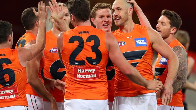 Ruckman Shane Mumford celebrates a crucial goal for the Giants. Picture: Getty Images