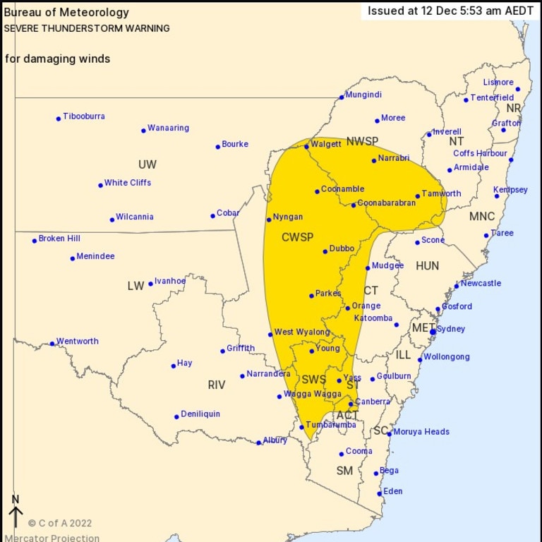 Fast-moving thunderstorms could affect Orange, Canberra, Tamworth, Walgett, Dubbo and Parkes. Picture: Bureau of Meteorology