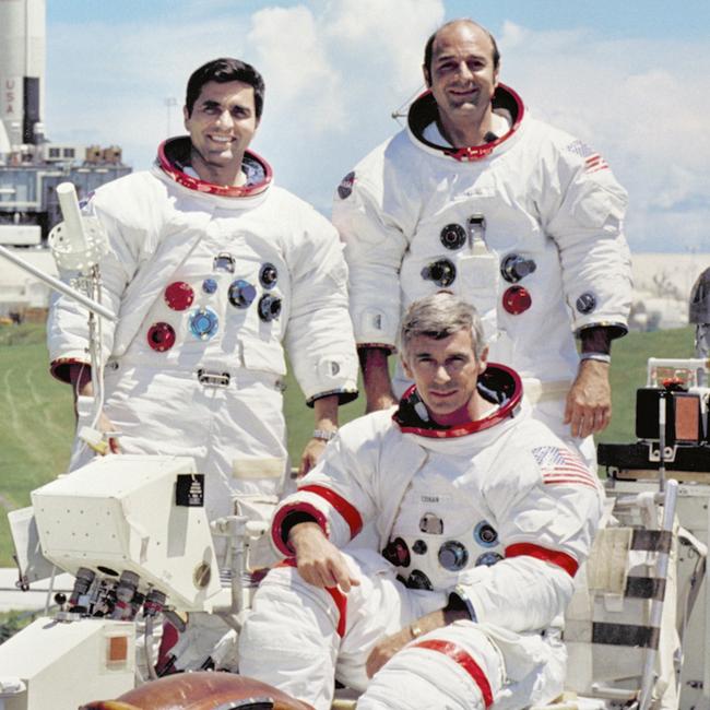 The crew of the Apollo 17 lunar landing mission: Commander Eugene A. Cernan (front), lunar module pilot Harrison H. Schmitt and command module pilot Ronald E. Evans.