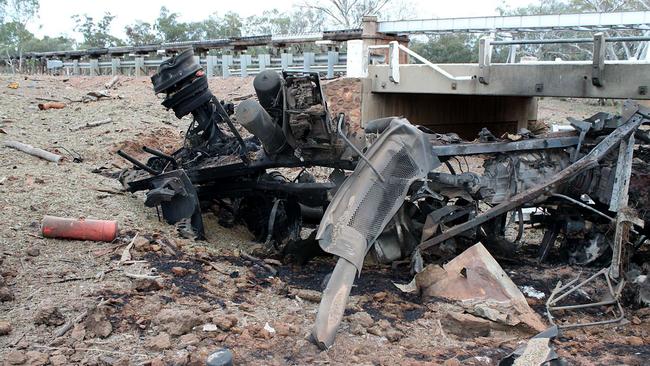 The wreckage of the truck after the crash and subsequent explosion.