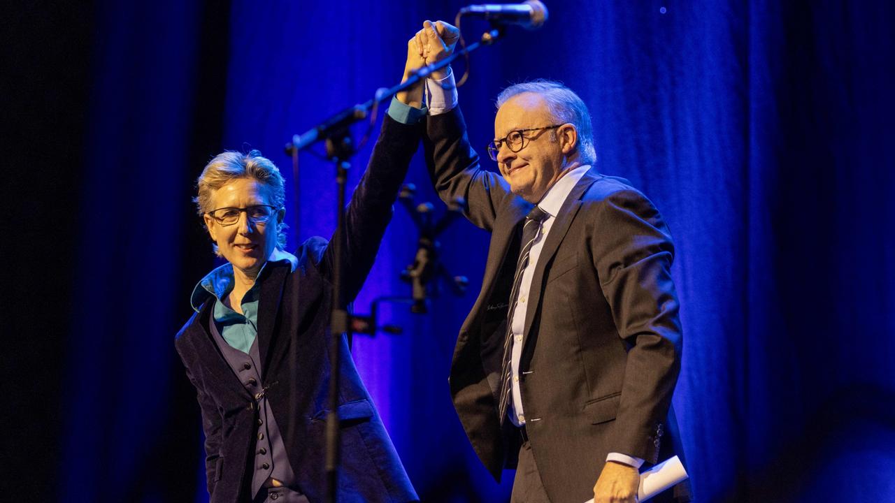 Sally McManus with Anthony Albanese in Adelaide. Picture: Kelly Barnes/NewsWire