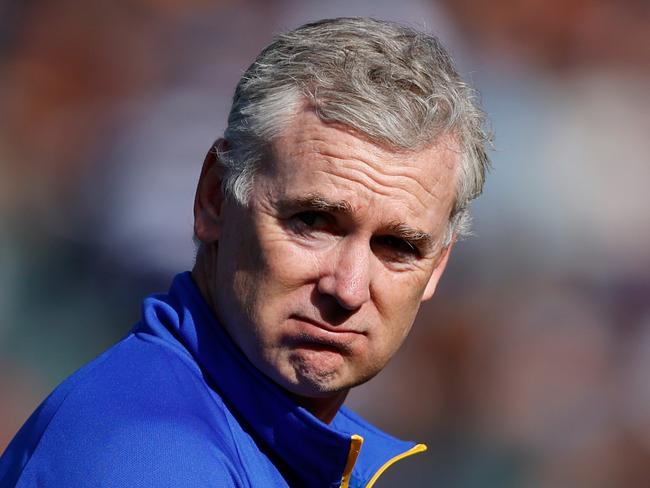 ADELAIDE, AUSTRALIA - APRIL 16: Adam Simpson, Senior Coach of the Eagles looks on during the 2023 AFL Round 05 match between the Geelong Cats and the West Coast Eagles at Adelaide Oval on April 16, 2023 in Adelaide, Australia. (Photo by Dylan Burns/AFL Photos via Getty Images)