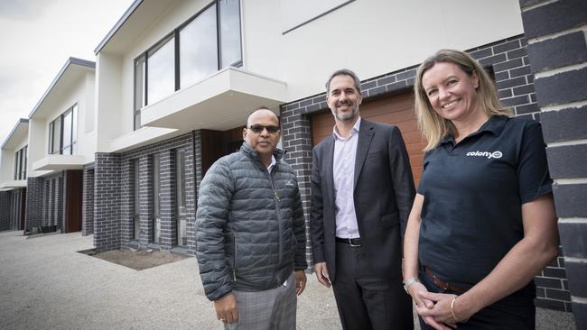 Colony 47 JumpStart program launch at Lenah Valley, property developer Satya Gillkum, MyState CEO Brett Morgan and Colony 47 CEO Dianne Underwood. Picture: Chris Kidd