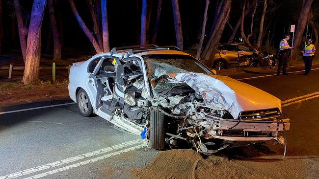 A car involved in a crash in a head-on collision on Wakehurst Parkway, North Narrabeen, in October, 2020. Four people were taken to hospital and the road closed for about two hours. Picture: NSW Fire and Rescue (Narrabeen)