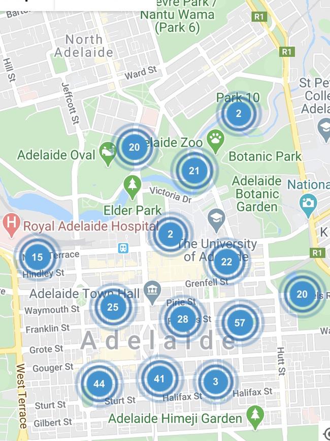 A screen shot of the Park Adelaide Mobile application where the user can see how many parks are available.