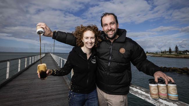 The couple have opened their new beer and boning room ventures in the town’s old fishermen’s co-op factory, on a waterfront property opposite Beachport’s iconic jetty. Picture: Nicole Cleary