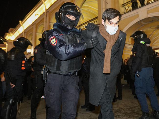 Police officers detain a demonstrator during a protest against Russia's invasion of Ukraine in central Saint Petersburg. Picture: AFP