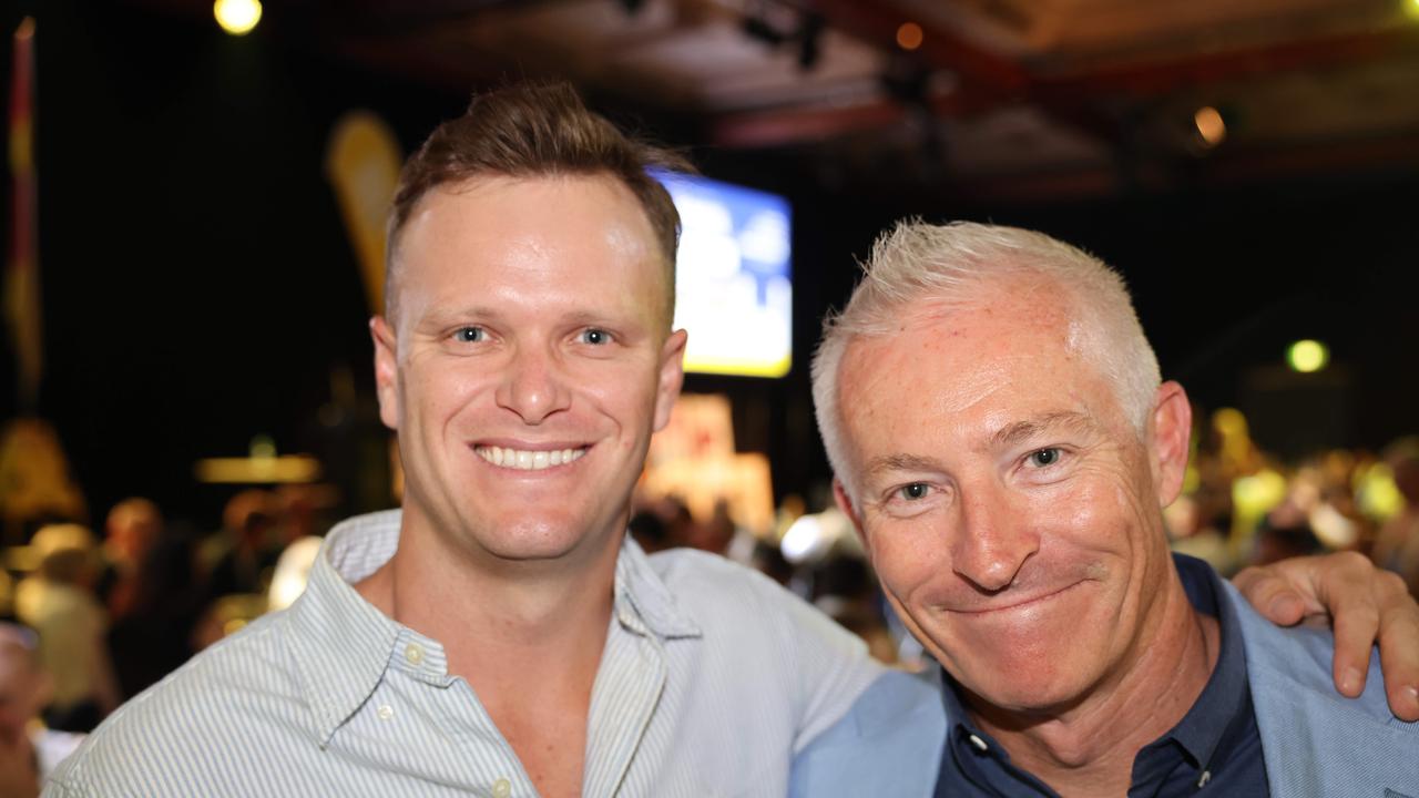 Matt Kuhnemann and John Warn at the Ray White Surfers Paradise Business Meets Sport lunch 2024 for Gold Coast at Large. Picture, Portia Large.