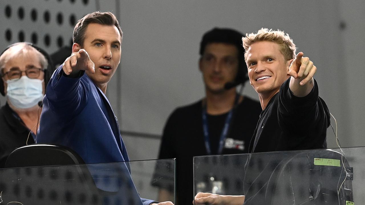 Cody Simpson joins Grant Hackett in the Amazon tv broadcast box. Photo by Quinn Rooney/Getty Images.