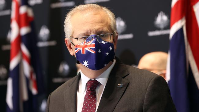 Scott Morrison says new Doherty Institute modelling shows deaths, hospitalisations and infection rates will be on par with the flu once Australia achieves a vaccination rate of 80 per cent. Picture: Gary Ramage