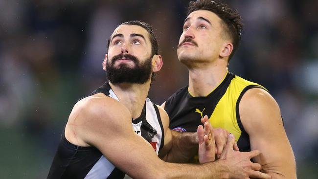 Ivan Solod competes with Magpies ruck star Brodie Grundy last year. Picture: Michael Klein