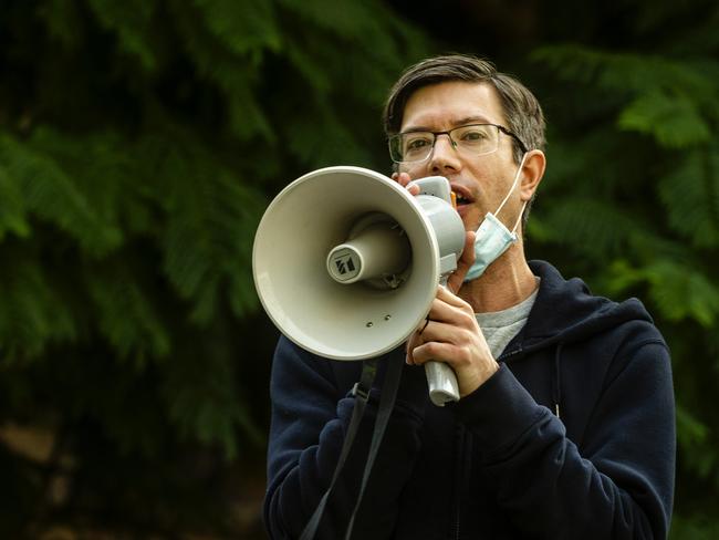 Refugee Action Coalition's James Supple speaks during a rally at Sydney Town Hall on Saturday. Picture: Getty