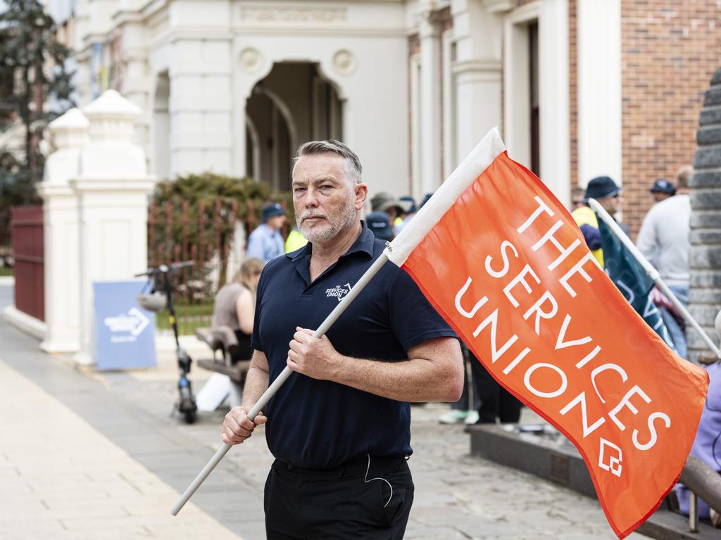 The Services Union senior organiser John Denny at a stop-work meeting outside city hall to protest against Toowoomba Regional Council, Tuesday, August 20, 2024. Picture: Kevin Farmer