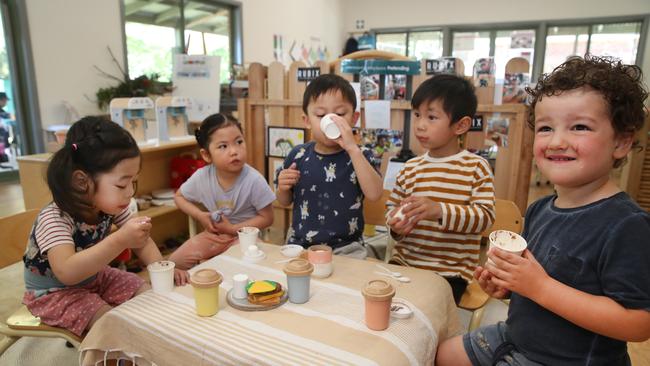 Guardian Childcare & Education Blackburn serves babycinos. (L to R) Abigail 3, Kaiya 4, Jayden 4, Zachary 4, and Harrison 3. Picture: David Crosling