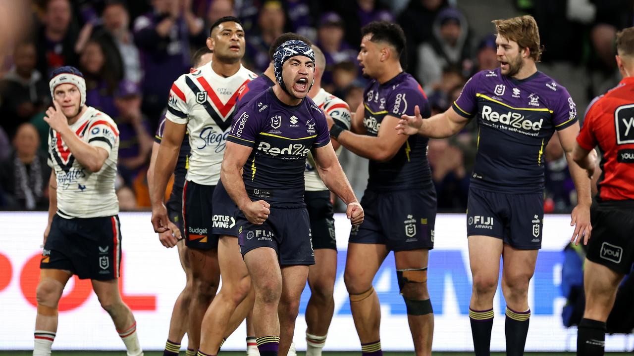 MELBOURNE, AUSTRALIA - SEPTEMBER 27: Jahrome Hughes of the Storm reacts during the NRL Preliminary Final match between the Melbourne Storm and Sydney Roosters at AAMI Park on September 27, 2024 in Melbourne, Australia. (Photo by Cameron Spencer/Getty Images)