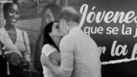 Prince Harry and Meghan Markle packed on the PDA  as their Colombian tour wrapped up. Picture: Supplied