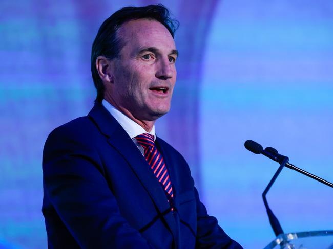 SYDNEY, AUSTRALIA - MARCH 04: Andrew Dillon speaks during the 2025 AFL Season Launch at Luna Park on March 04, 2025 in Sydney, Australia. (Photo by Hanna Lassen/AFL Photos/via Getty Images)