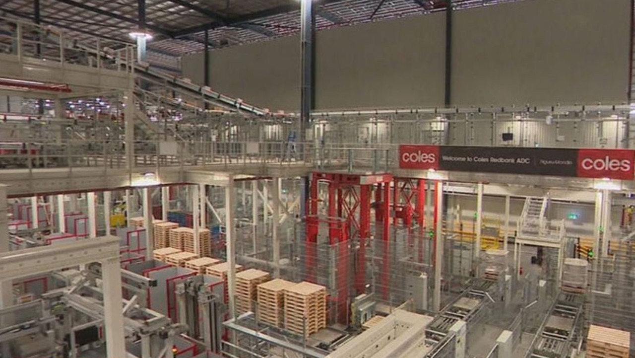 Coles has unveiled Australia’s first automated distribution centre. Picture: Channel 9.