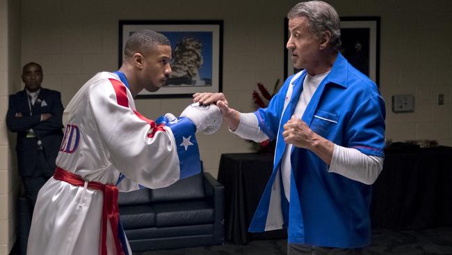 Michael B Jordan, left, and Sylvester Stallone in a scene from Creed II. Picture: Metro Goldwyn Mayer Pictures/Warner Bros.