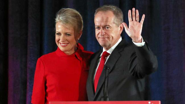 Bill Shorten concedes defeat on stage with his wife Chloe during the federal Labor Reception on Election Day in Melbourne, Saturday, 18 May, 2019. Approximately 16.5 million Australians have today voted in what is tipped to be a tight election contest between Australian Prime Minister Scott Morrison and Australian Opposition leader Bill Shorten. (AAP Image/David Crosling) NO ARCHIVING. Picture: DAVID CROSLING