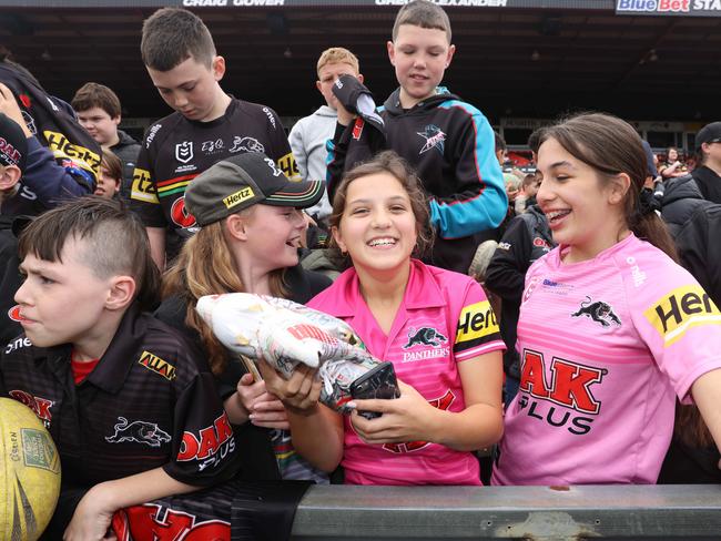 Super star Brian To’o gave his footy boots to eleven-year-old Effie who was over the moon about it. Picture: David Swift