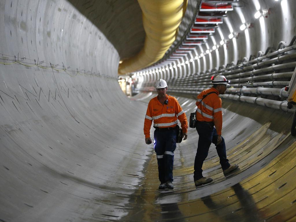 Underground in the North West Rail Link tunnel near Bella Vista. The North West Rail Link is underway and TBM Elizabeth has cut through 1092metres of earth travelling East from Bella Vista. Picture: Bradley Hunter