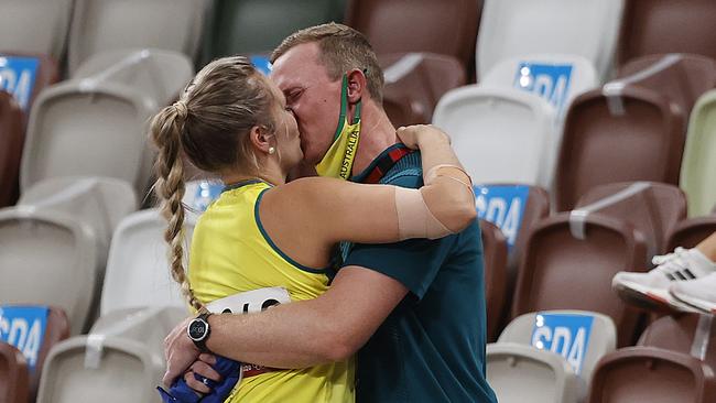 Kelsey-Lee Barber sealed her bronze medal with a kiss. Picture: Alex Coppel.