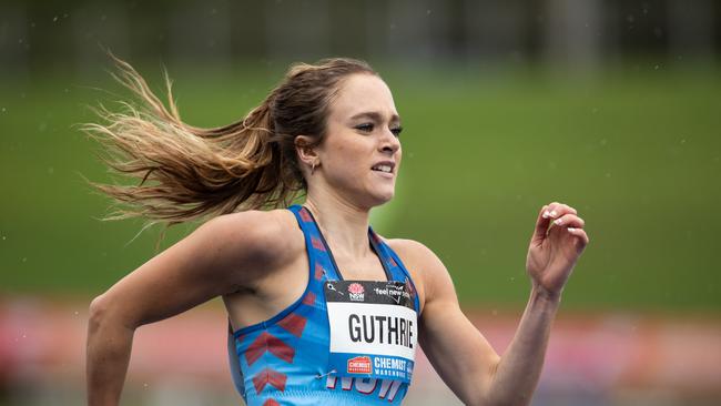 Women's U20 400m Hurdles Final NSW athlete Isabella Guthrie from Mount Kuring-Gai takes gold. Picture: Julian Andrews