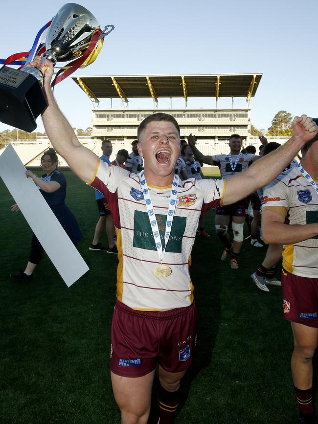 Magic boot: Thirlmere halfback Damon New celebrates. Picture: John Appleyard