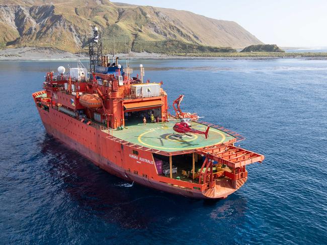 2019 Macquarie Island resupply - 22-03-19 - Helicopter view of the icebreaker Aurora Australis in Buckles Bay for the last time. Next year the ageing ship will be replaced. Picture By Ryan Osland/TheAustralian