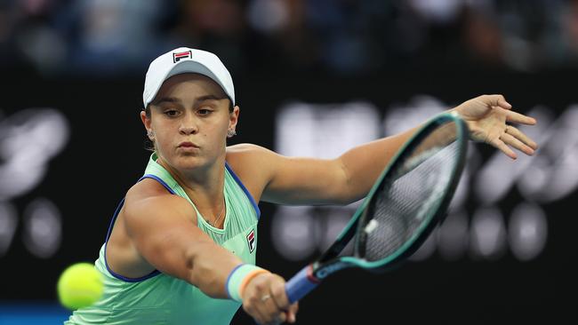 Ashleigh Barty of Australia plays a backhand during her Women's Singles fourth round match against Alison Riske. Picture: Getty