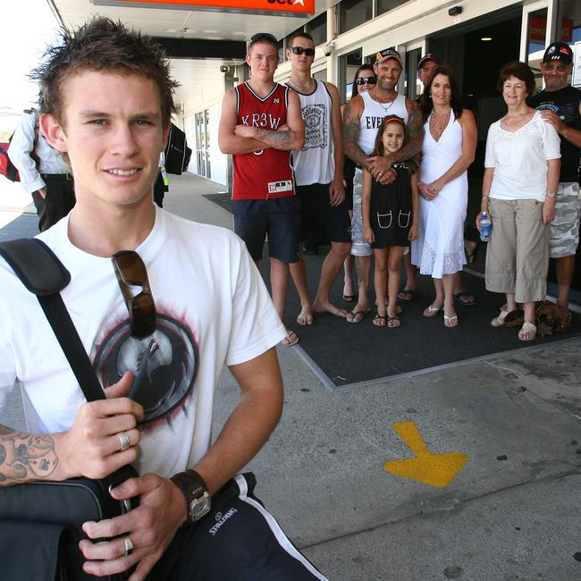 Southport Sharks QAFL team member Dayne Beams pictured at the Coolangatta Airport with his family , on his way to Melbourne after bing picked up by Collingwood in the AFL draft
