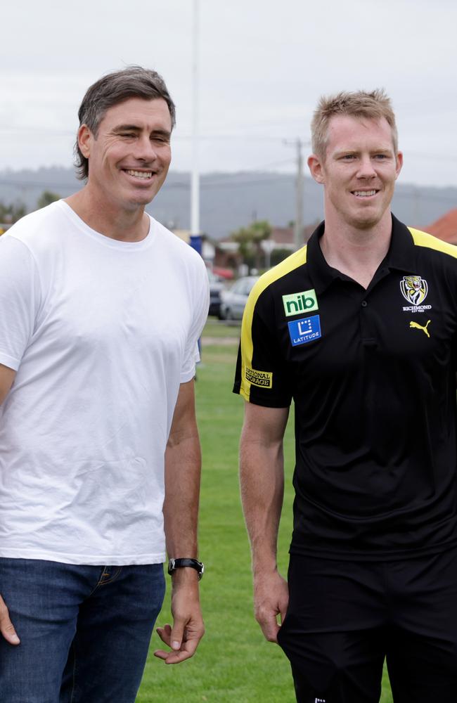 Matthew Richardson with fellow former Tiger Jack Riewoldt in Tasmania. Picture: Grant Viney