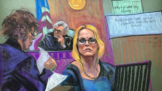 Stormy Daniels is cross-examined by Trump’s lawyer, Susan Necheles. Picture: Christine Cornell, via The Times