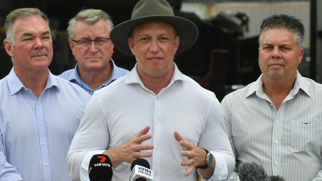 Acting Premier Steven Miles with Member for Townsville Scott Stewart, Member for Mundingburra Les Walker and Member for Thuringowa Aaron Harper at RGM Maintenance. Picture: Evan Morgan