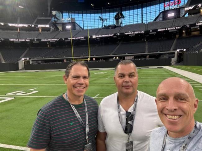 Chief executive Tony Mestrov, coach Anthony Seibold and head of football John Bonasera in the USA. Picture: Supplied