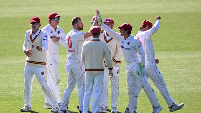 HOBART, AUSTRALIA – MARCH 13: Nathan McAndrew of the Redbacks celebrates the wicket of Gabe Bell of the Tigers during the Sheffield Shield match between Tasmania and South Australia at Blundstone Arena, on March 13, 2024, in Hobart, Australia. (Photo by Steve Bell/Getty Images)