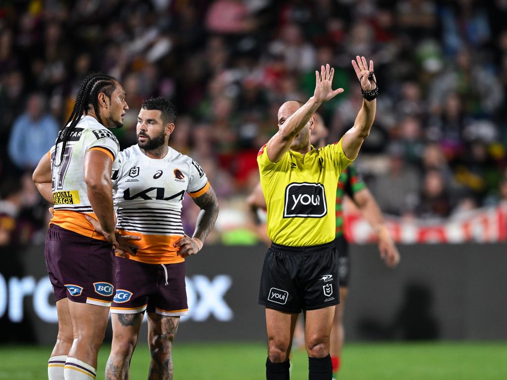 Brisbane Broncos star Martin Taupau was sin-binned over an ugly leg raise on Rabbitohs centre Campbell Graham. Picture: NRL Imagery.