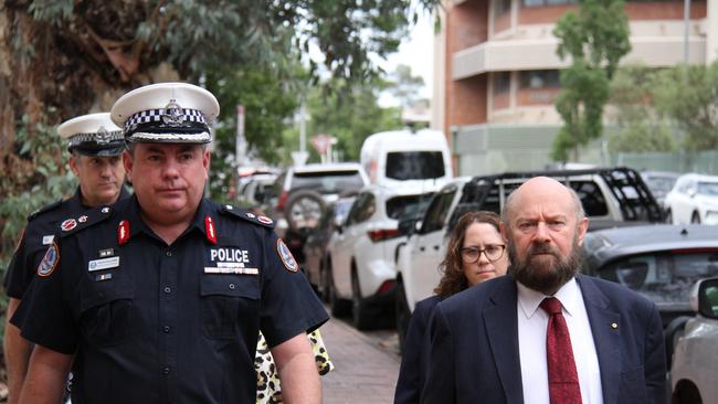 Northern Territory police deputy commissioner Martin Dole with lawyer Ian Freckelton KC arrives at the Kumanjayi Walker inquest resumed for oral submissions on November 27, 2024, in the Alice Springs Local Court. Picture: Gera Kazakov