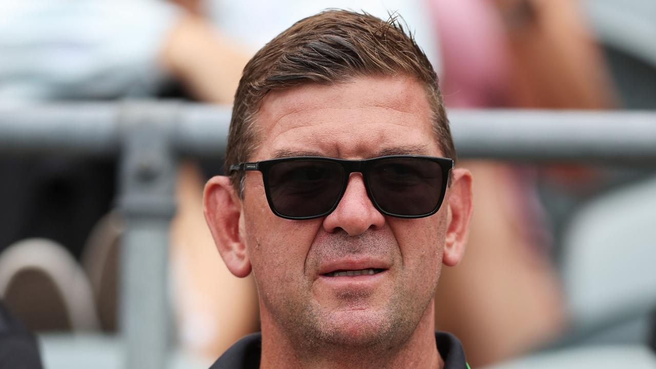 GOSFORD, AUSTRALIA - FEBRUARY 11: Rabbitohs head coach Jason Demetriou looks on during the NRL pre-season trial match between Manly Sea Eagles and South Sydney Rabbitohs at Industree Group Stadium on February 11, 2024 in Gosford, Australia. (Photo by Matt King/Getty Images)