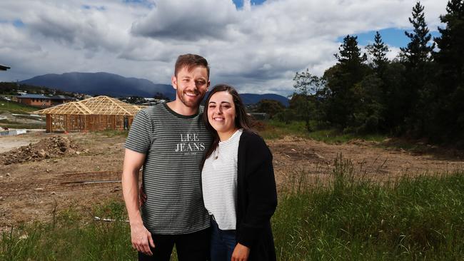 Kase Miller and Georgia Franks, of Hobart, who have applied for the HomeBuilder scheme, at the block they will build on at Mornington. Picture: NIKKI DAVIS-JONES