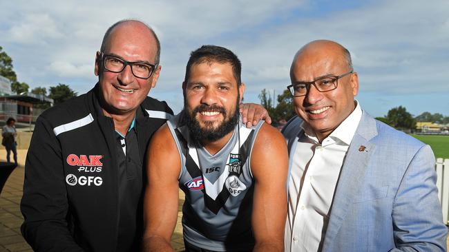 Port Adelaide announce Sanjeev Gupta's GFG as new joint major sponsor — Port Adelaide David Koch, player Patrick Ryder and Sanjeev Gupta. Picture: Tom Huntley