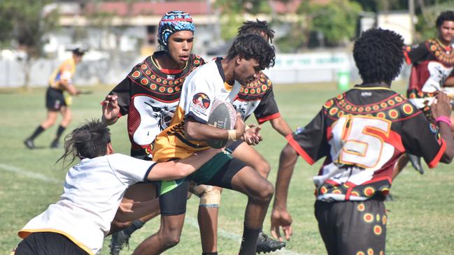 Warba Wangarunya Rugby League Carnival, under-17 boys, DCYSI Barbarians versus Team Indigenous, Saleyards Park, Rockhampton, January 19, 2024.