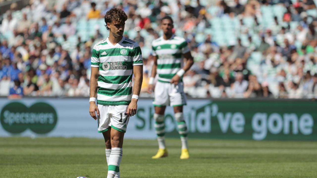 Celtic’s Jota lines up a free-kick that hit the crossbar against Everton. Picture: Jeremy Ng/Getty Images