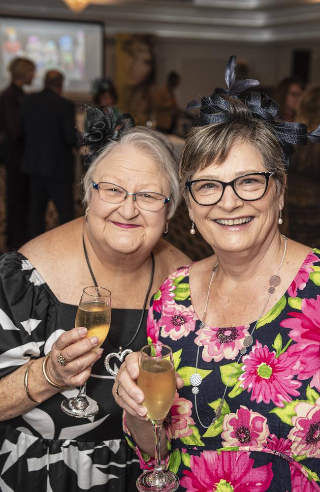 Wendy Fechner (left) and Karyn Fenwick at Hope Horizons Melbourne Cup charity lunch hosted by Rotary Club of Toowoomba City at Burke and Wills Hotel, Tuesday, November 5, 2024. Picture: Kevin Farmer