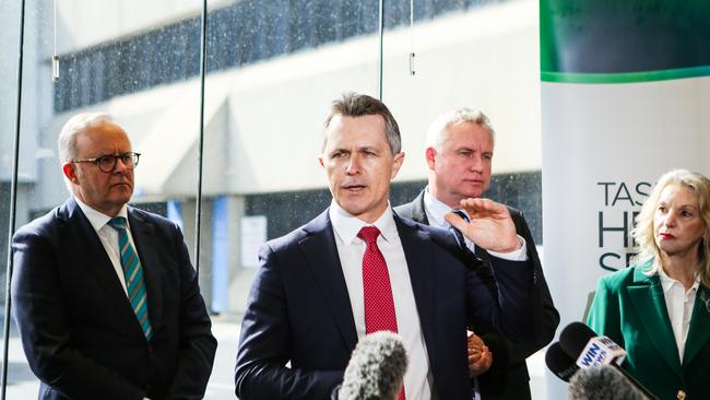 Federal Education Minister Jason Clare stands with Prime Minister Anthony Albanese, Tasmanian Deputy Premier Michael Ferguson and Labor senator Helen Polley at the Launceston General Hospital. Picture: Picture: NewsWire / Patrick Gee