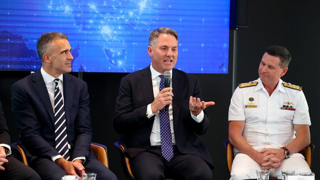 South Australian Premier Peter Malinauskas, Deputy Prime Minister Richard Marles and The Chief of Navy Australia, Vice Admiral Mark Hammond at the Defending Australia round table held at The Advertiser. Picture: Kelly Barnes