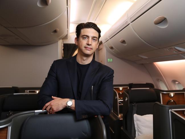 Industrial designer David Caon in Qantas’ newly refurbished A380. Picture: David Swift.